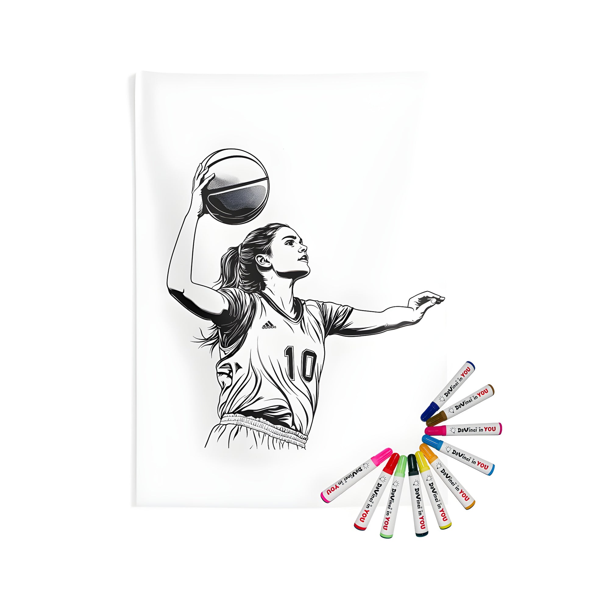 Indoor wall tapestry featuring a black and white illustration of a female hoop player in mid-action holding a ball above her head. Includes fabric markers for customization.