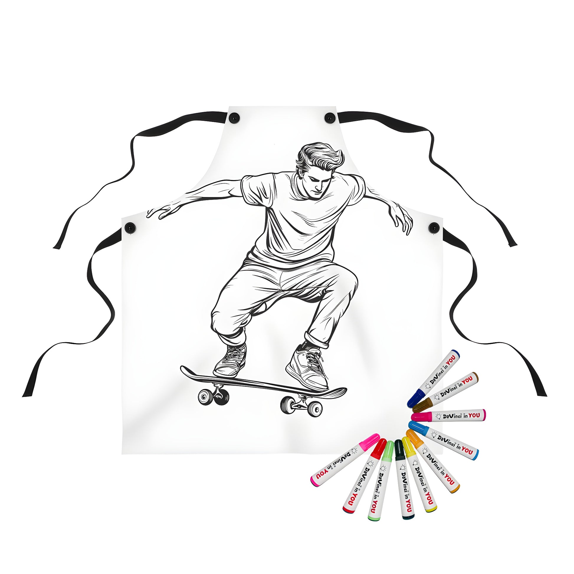 Skate trick enthusiast's apron with a fun, colorful, and detailed black and white illustration of a skateboarder performing a daring stunt in mid-air