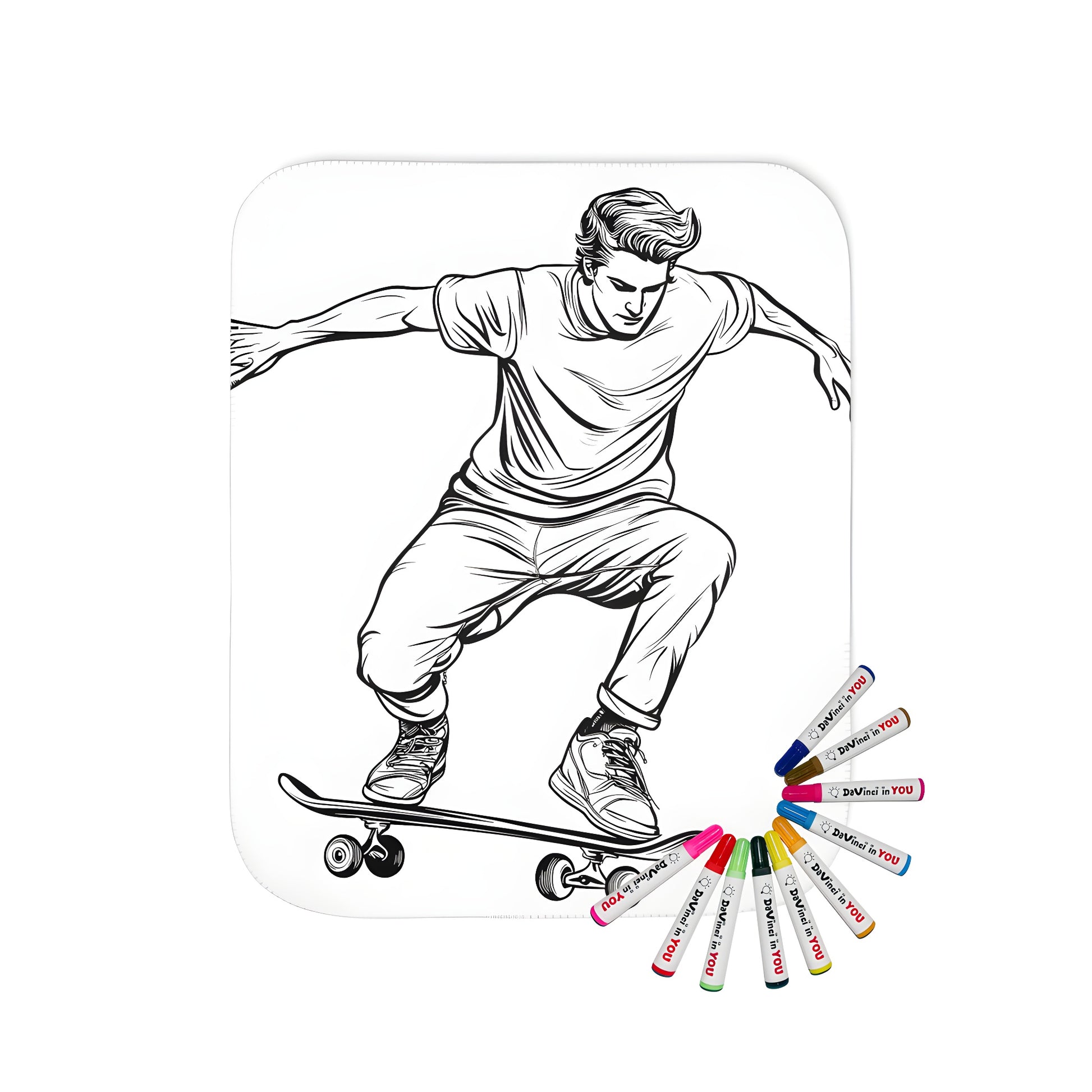 Blanket featuring an action-packed skateboarding design with a black and white illustration of a skateboarder performing a trick in mid-air