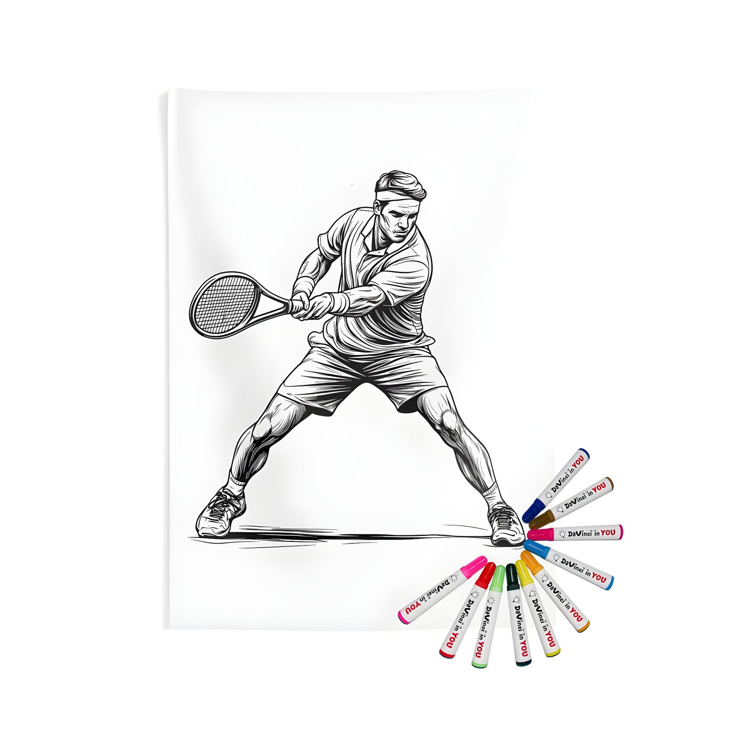 Coloring kit for an indoor wall tapestry featuring a detailed black and white illustration of a tennis player hitting a backhand shot. Includes fabric markers.