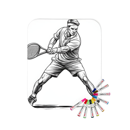 A detailed, high-quality image of a cozy blanket featuring an engaging tennis-inspired coloring page design. The perfect combination of comfort and creativity for sports enthusiasts who love tennis and illustrations.