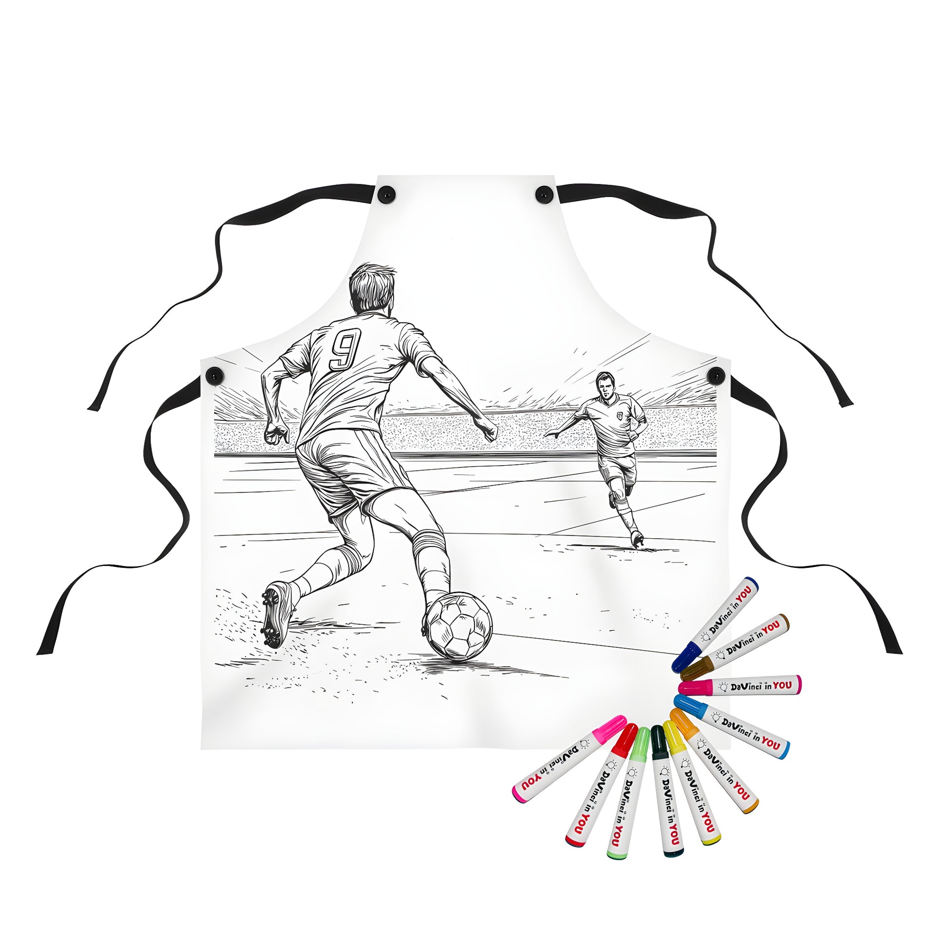 Apron with a colorful soccer-themed design featuring two players in action on a field, perfect for soccer enthusiasts and kids who love to color