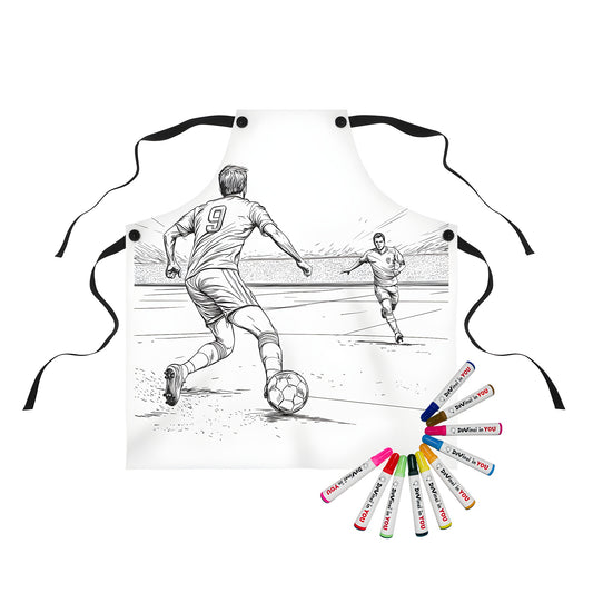 Apron with a colorful soccer-themed design featuring two players in action on a field, perfect for soccer enthusiasts and kids who love to color