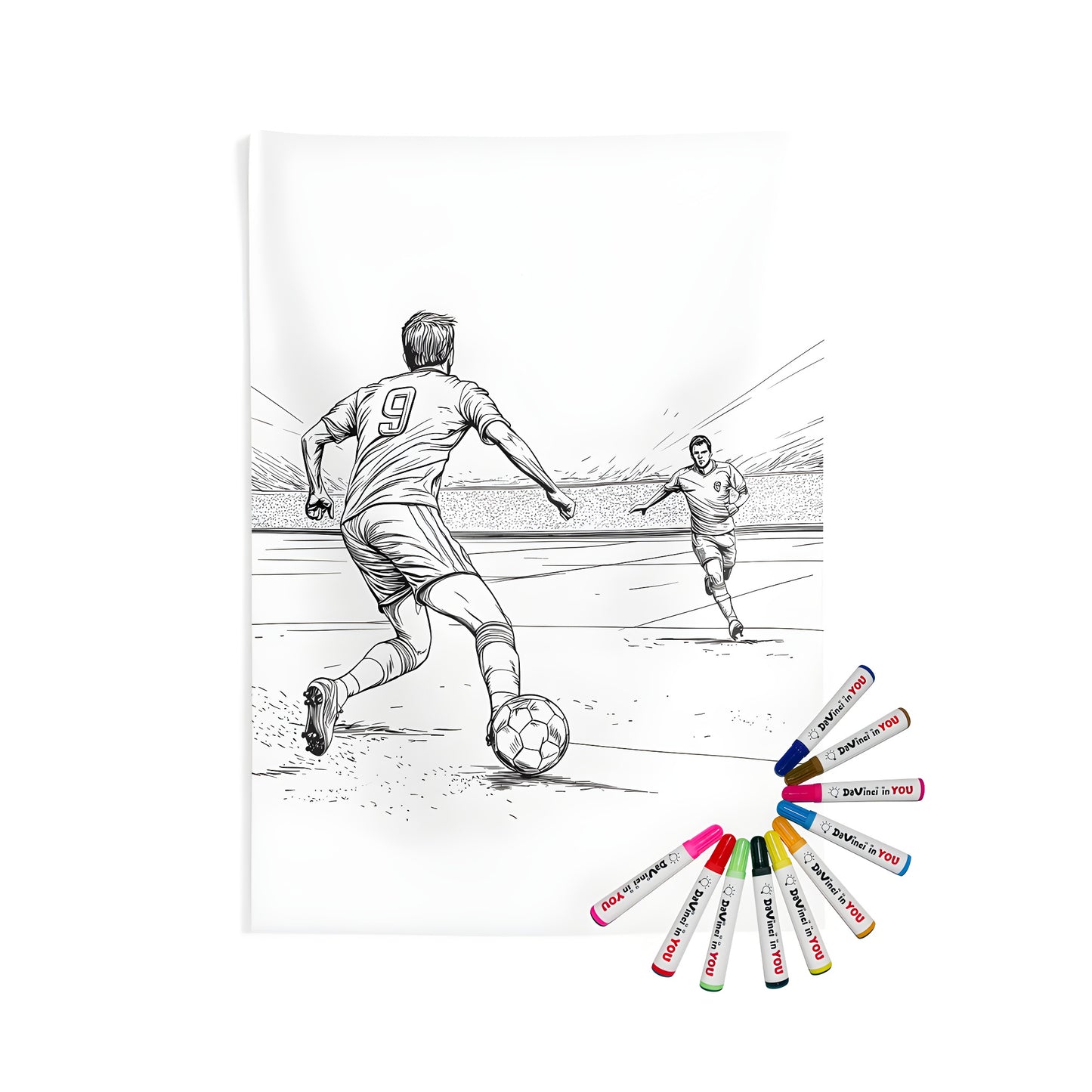 Soccer-themed indoor wall tapestry for bedrooms and living rooms - vibrant illustration of two football players in action on a sports field