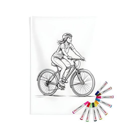 Wall tapestry featuring vibrant coloring page design of woman riding bicycle, indoor wall hanging for cycling enthusiasts