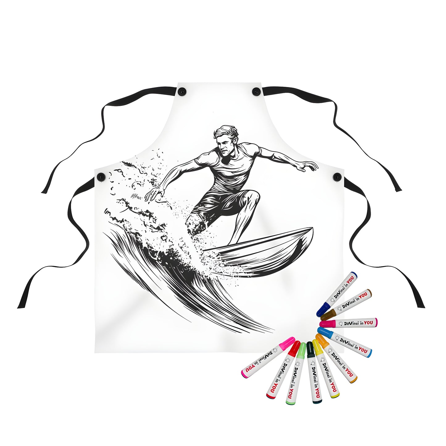 Colorful apron featuring a vibrant black and white illustration of a surfer riding a wave, capturing motion and energy.