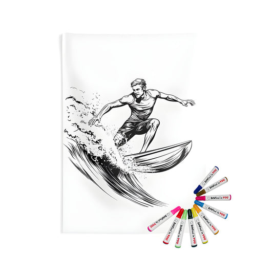 Indoor wall tapestry with vibrant coloring page of a man catching a wave to ride the surf, perfect for beach lovers and fans of surfing culture