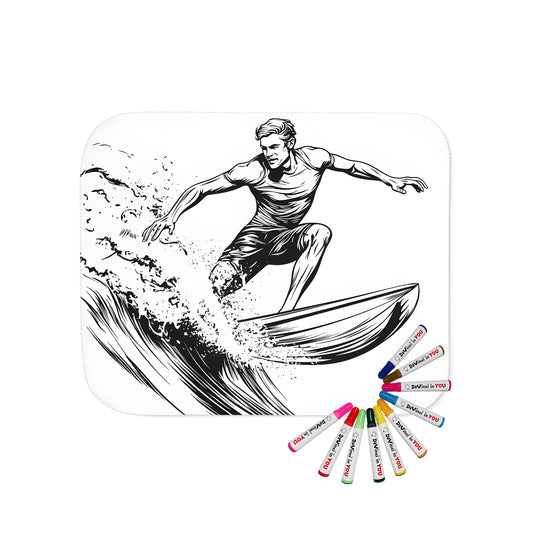 Colorful blanket with vibrant surfboard and wave illustration