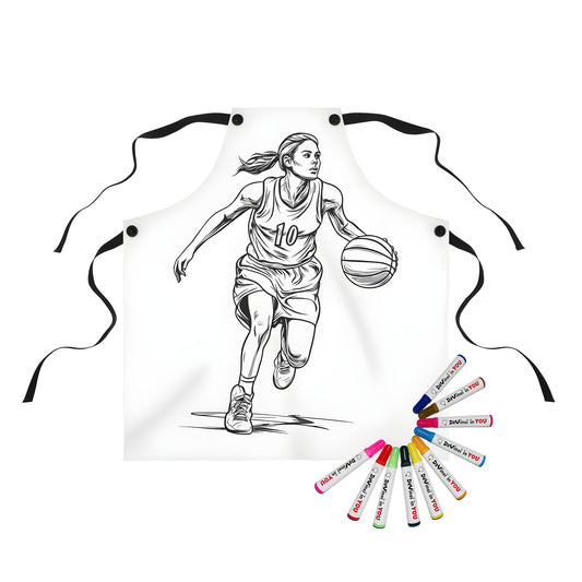 Coloring apron with fun basketball illustration of a woman dribbling a ball