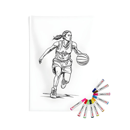 Basketball court decor wall tapestry for girls bedroom with colorful illustration of a woman playing basketball