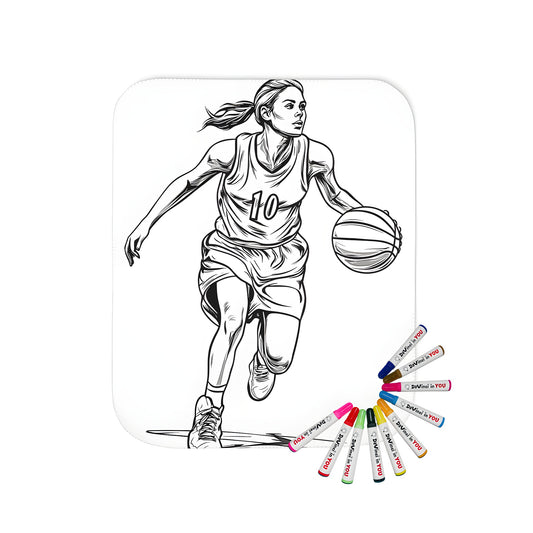 Basketball-themed blanket for kids or adults, featuring an illustration of a woman dribbling a ball while wearing sports gear