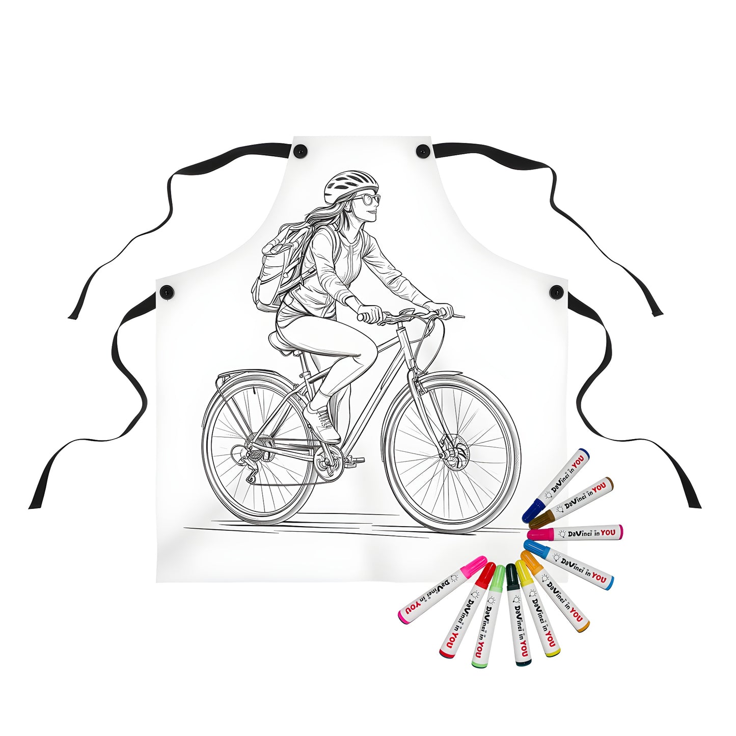 Apron with woman riding bicycle design, colorful illustrations and fun outdoor theme