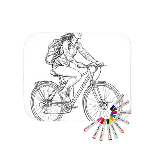 Blanket with a woman riding bicycle illustration, black and white graphic design, artful cycling theme