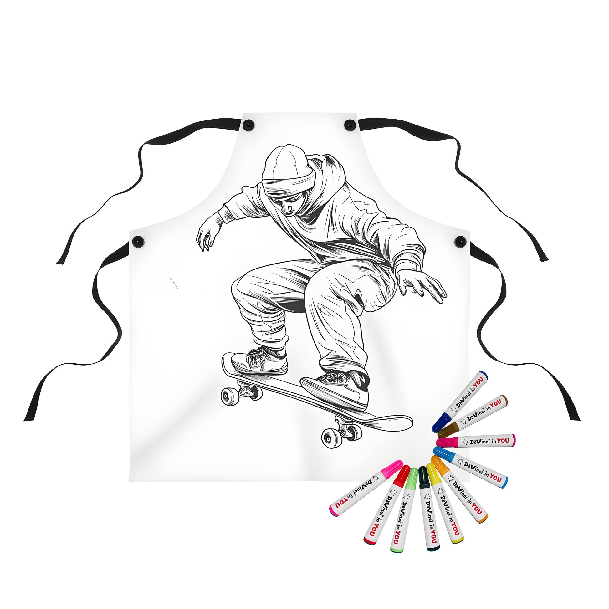 Apron with detailed black and white skateboard illustration design, featuring a skater performing a mid-air trick