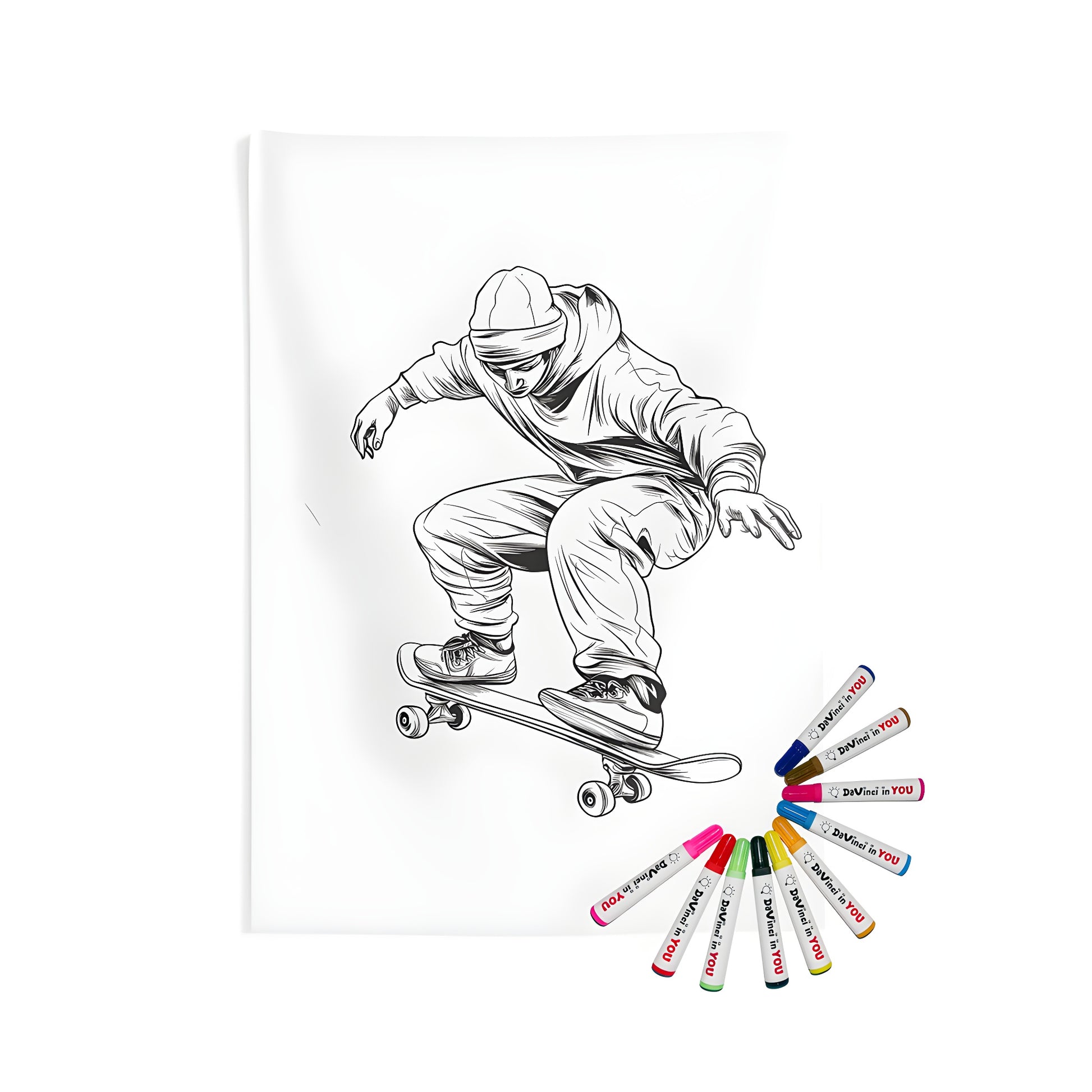 Detailed black and white illustration of a skateboard trick jumper wearing hoodie and beanie on a colorful indoor wall tapestry background