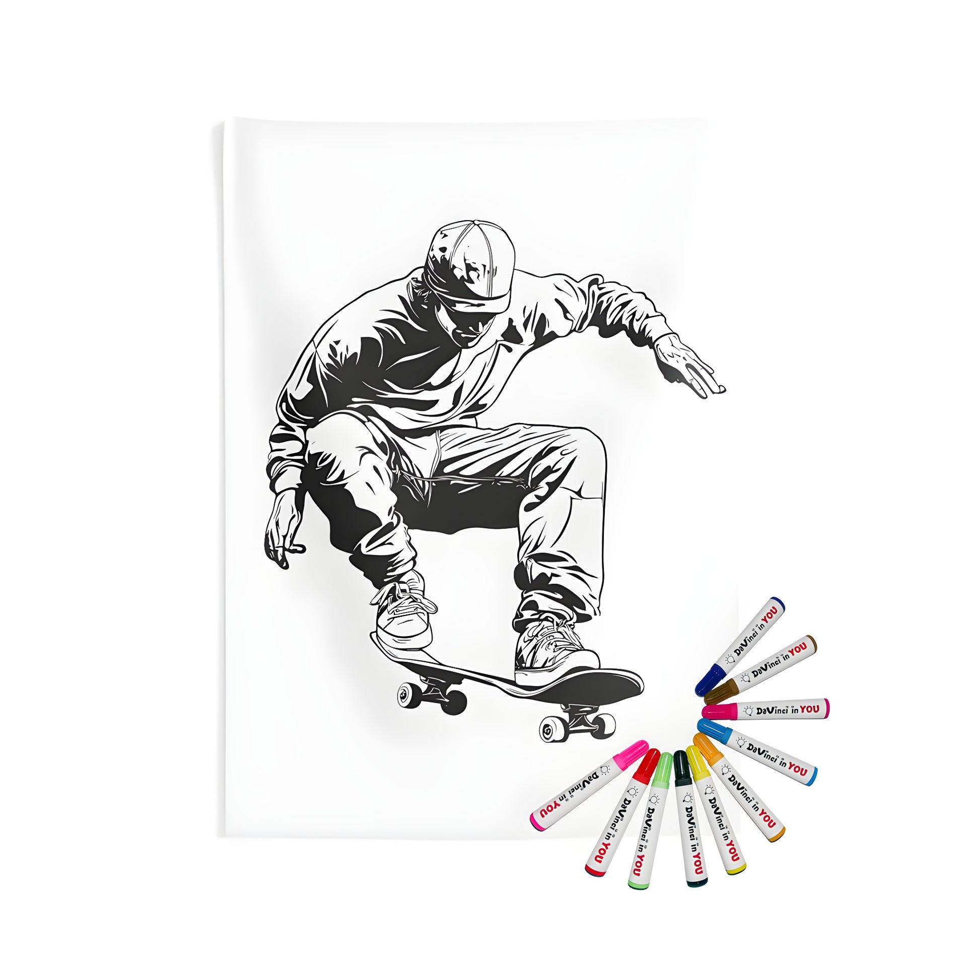 Detailed black-and-white illustration of a skateboarder executing a trick, indoor wall tapestry art