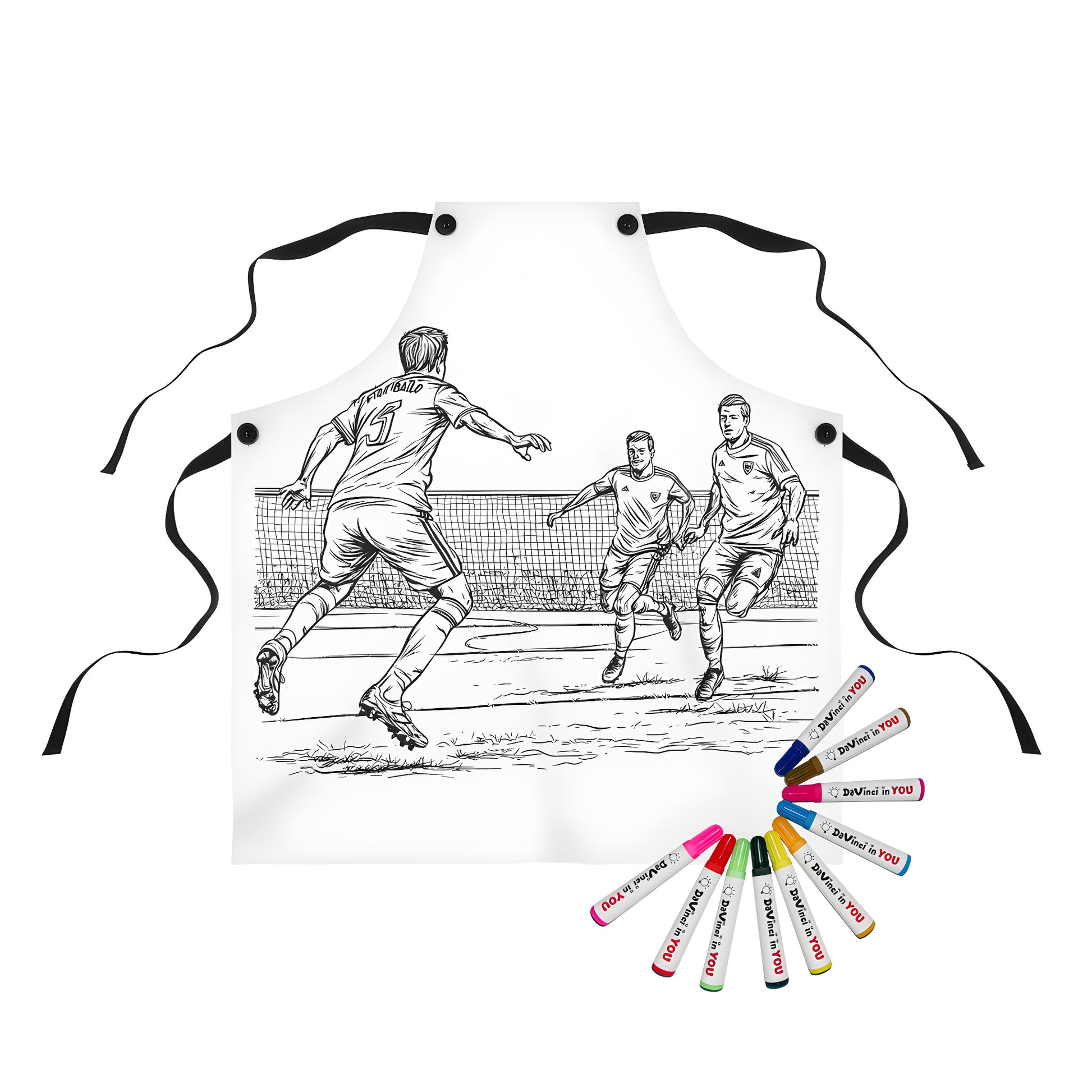 Apron with a colorful soccer players action scene, fun sports-themed fabric design