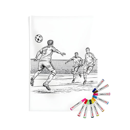 Coloring kit for soccer enthusiasts featuring a vibrant indoor wall tapestry with three soccer players in action