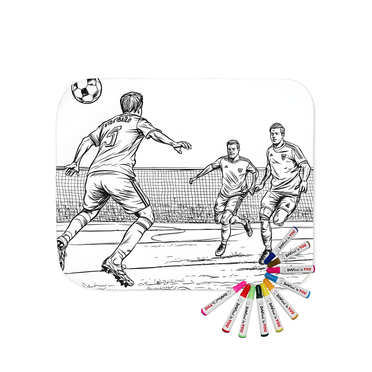 Coloring blanket for kids or adults featuring soccer action scene