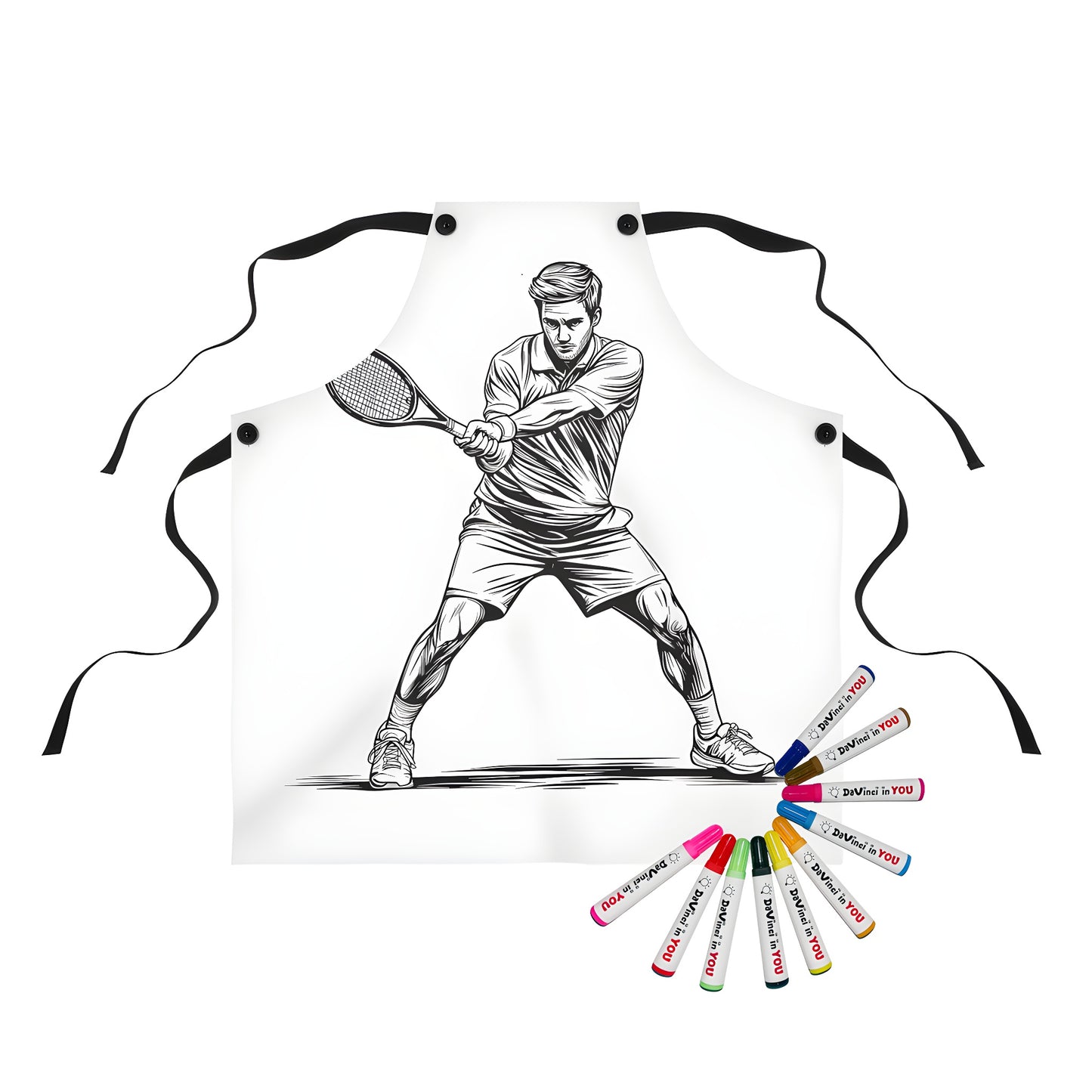 Apron with vibrant coloring page design featuring a monochrome illustration of a tennis player in action. Perfect for tennis enthusiasts and those who love to colour!