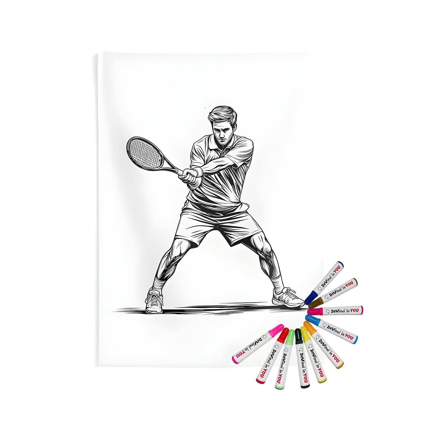 Decorative Indoor Wall Tapestries featuring Monochrome tennis illustration, dynamic sports movement art print for home decor with fabric coloring kit