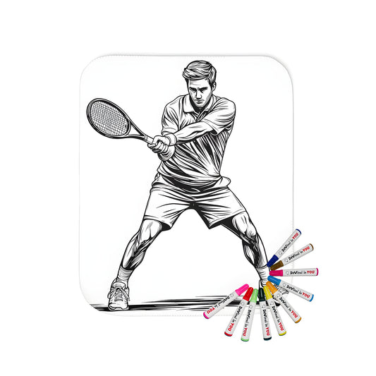 Coloring kit for adults featuring a monochrome tennis theme on soft blanket fabric with vibrant markers