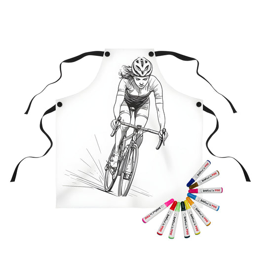 A vibrant cycling-themed apron with a detailed sketch of a rider and their bike, perfect for biking enthusiasts.