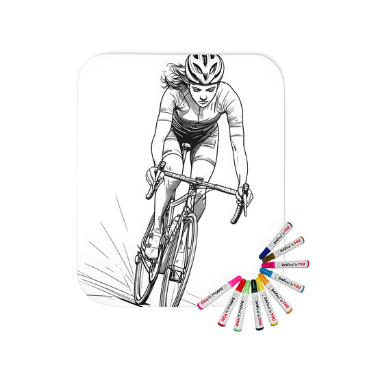 A vibrant blanket featuring a detailed black and white sketch of a cyclist wearing a helmet, riding a bicycle at high speed, perfect for cycling enthusiasts and those who love the thrill of the ride.