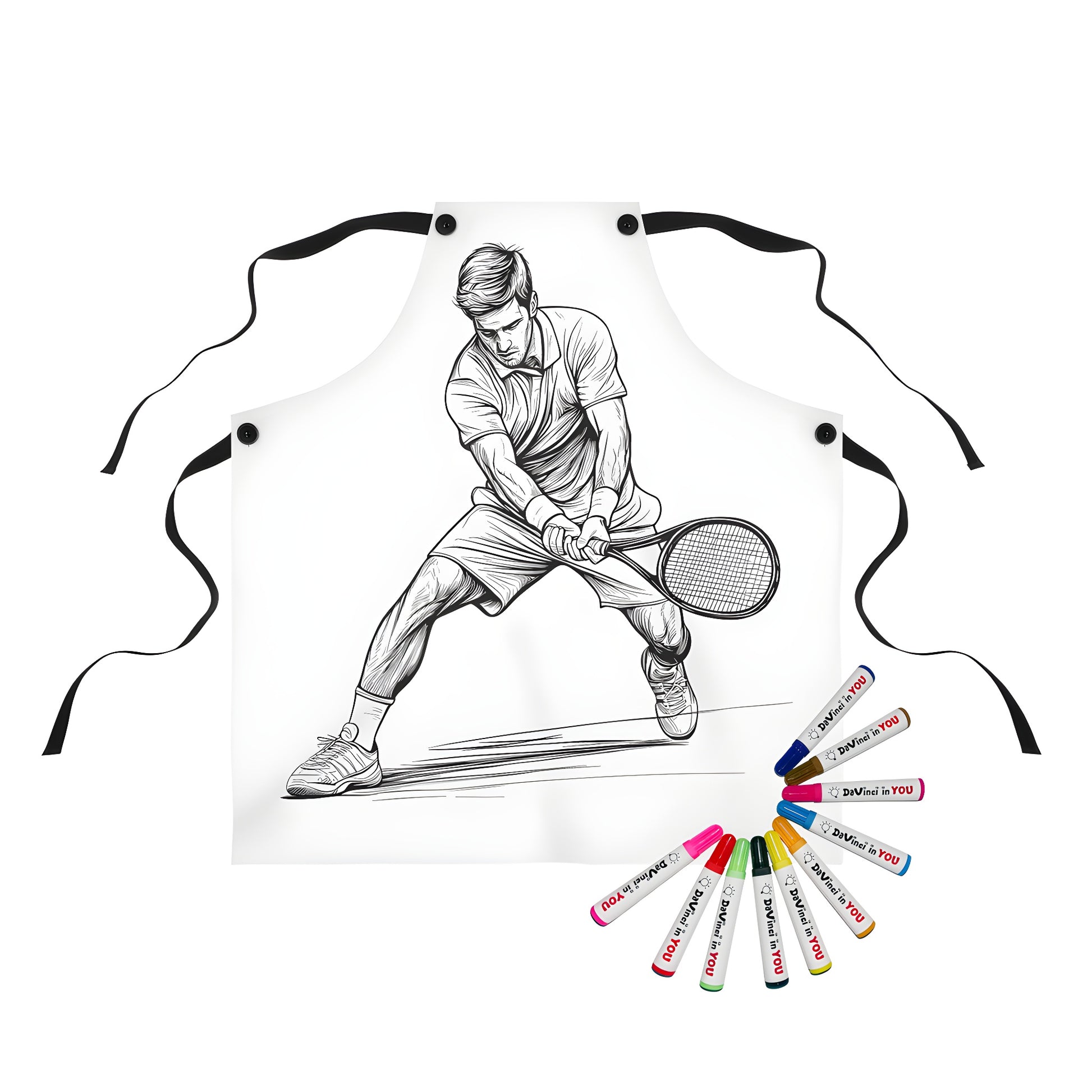 Coloring apron with a fun black and white tennis racket illustration