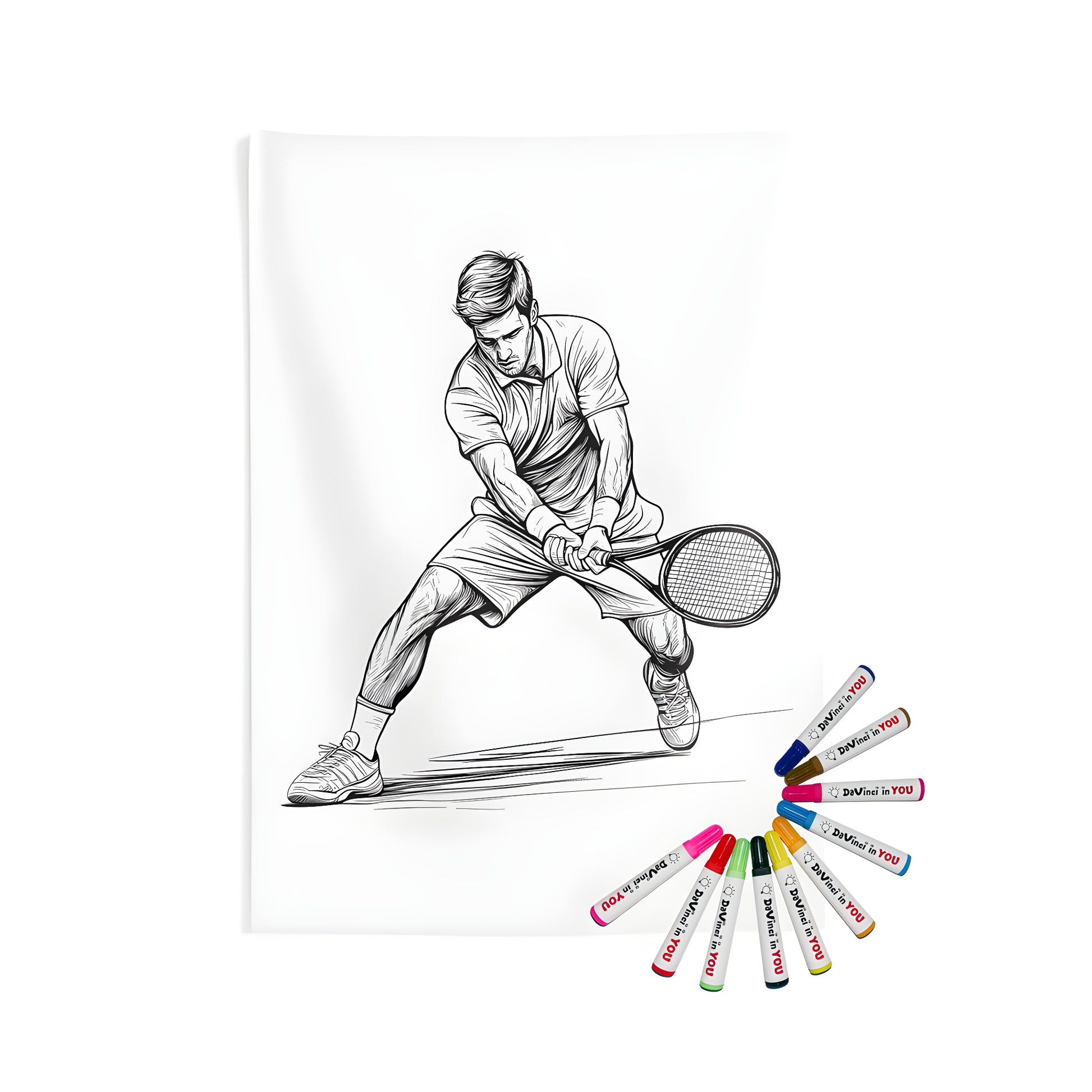 Indoor wall tapestries featuring a black and white illustration of a tennis player in action, with dynamic movement and determination, perfect for sports enthusiasts and fans of the game.