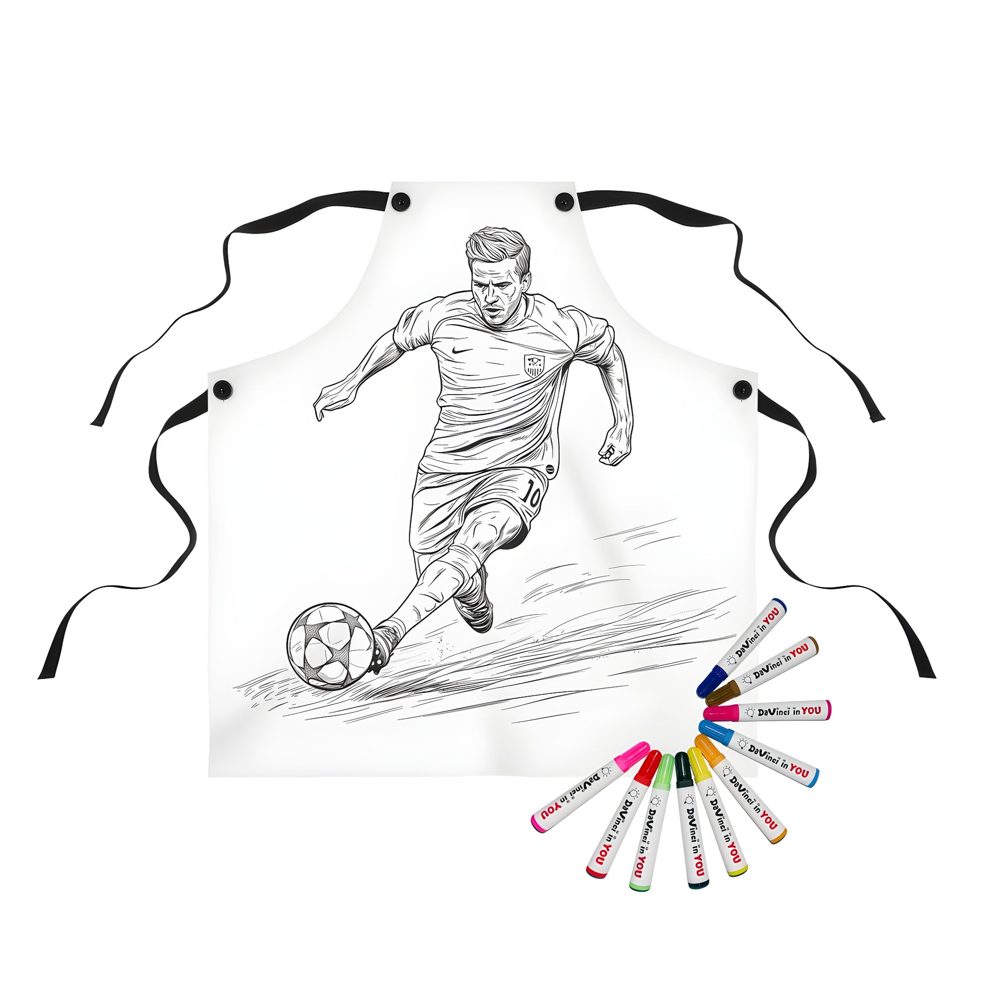 Apron with a fun coloring page design of a black-and-white soccer athlete in mid-action, kicking a ball