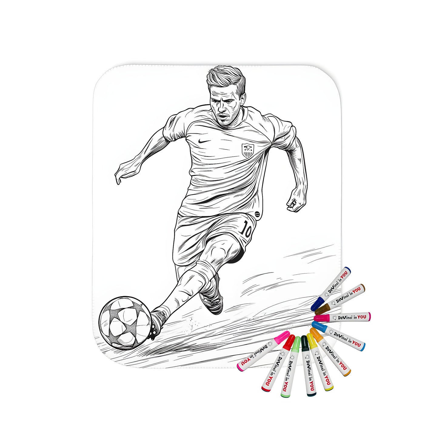 Blanket with coloring page design of a black-and-white sketch of a soccer player kicking a ball, displaying movement and intensity