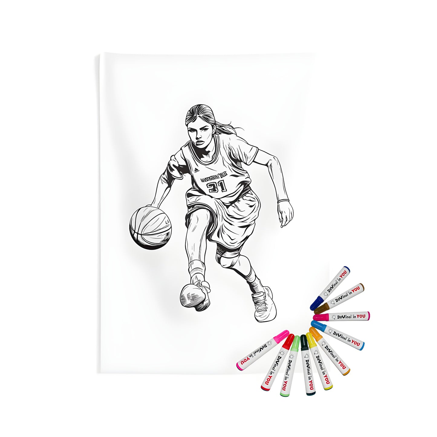 Indoor wall tapestries coloring kit with fabric markers featuring determined female basketball player illustration