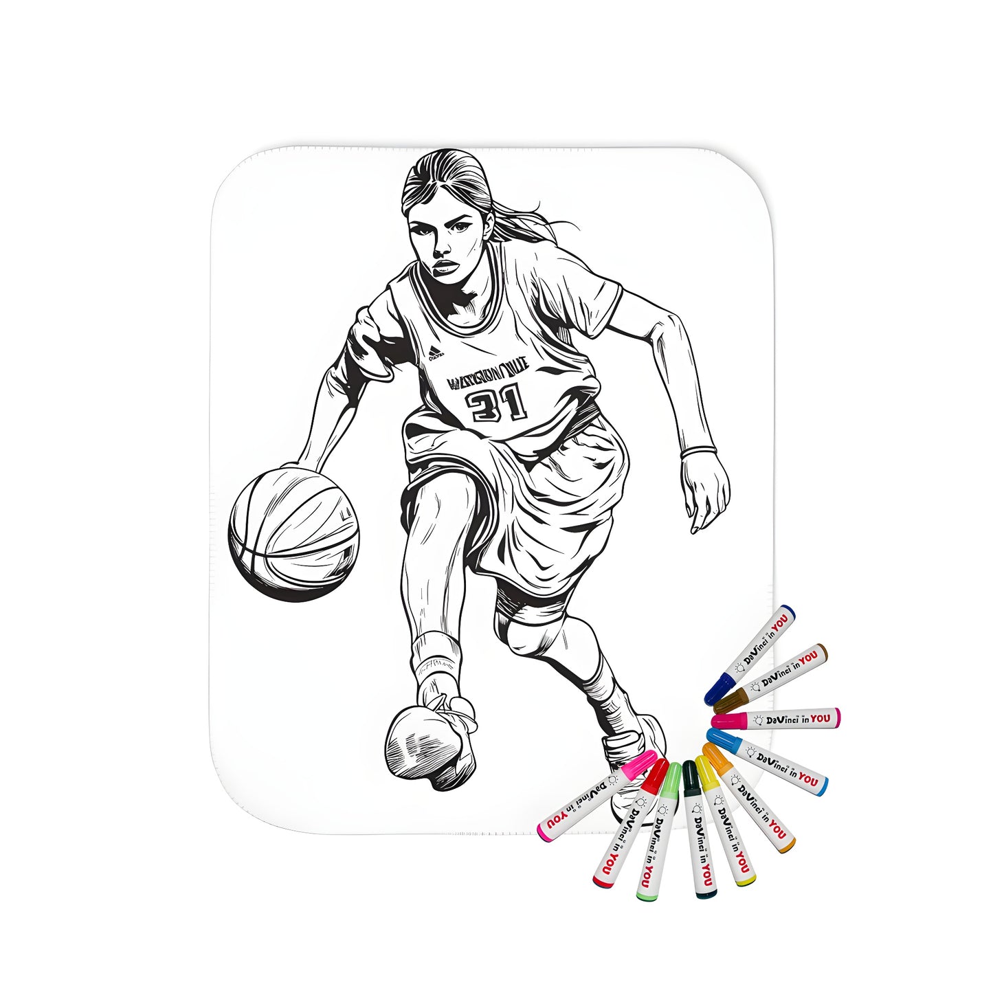 Blanket with a Monochrome illustration of a determined female basketball player, perfect for sports fans and gamers