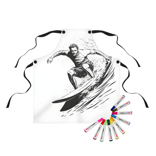 Detailed black-and-white illustration of a man surfing a wave on an apron with fabric markers