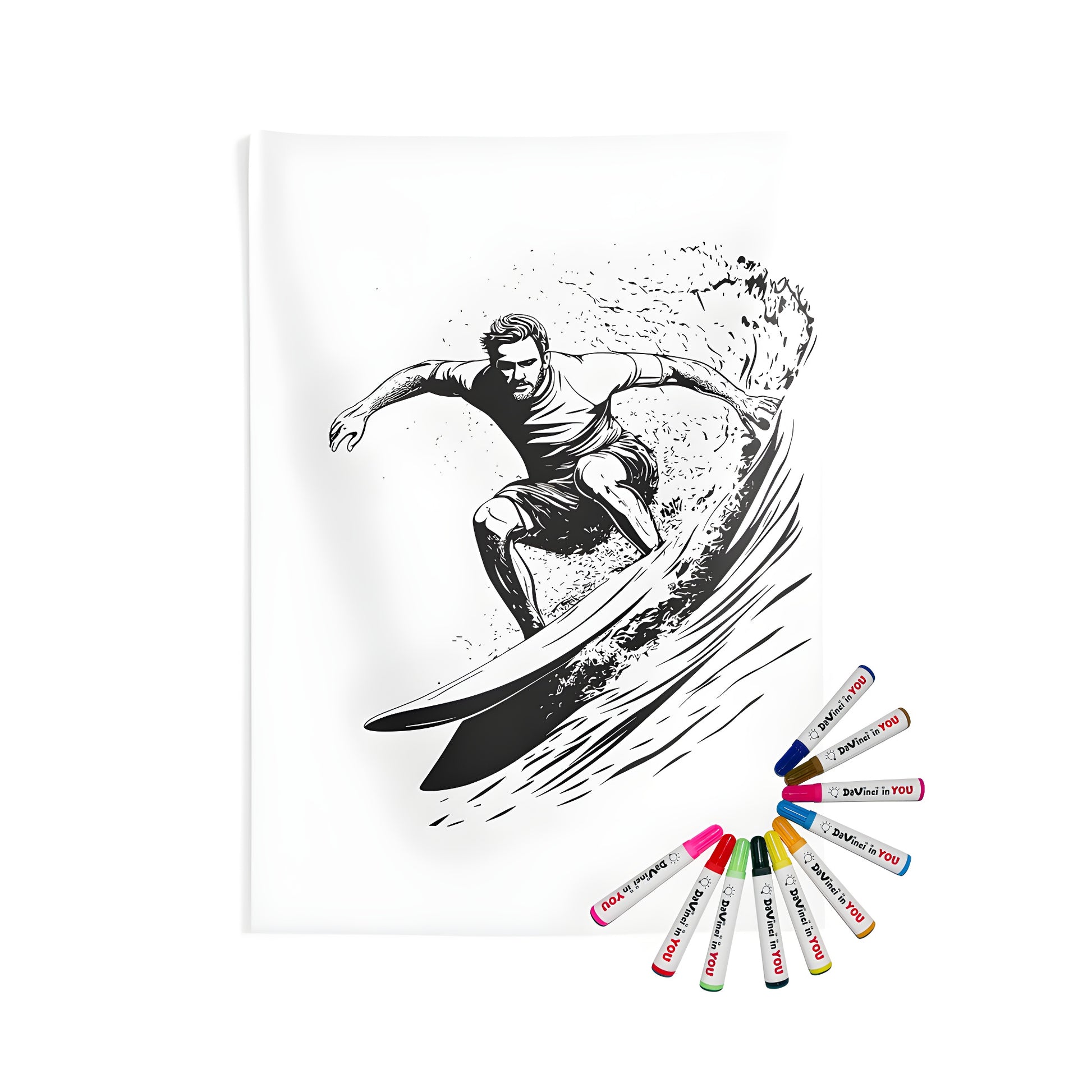 A colorful indoor wall tapestry featuring a detailed black-and-white illustration of a man surfing a wave. Includes fabric markers for creative expression.