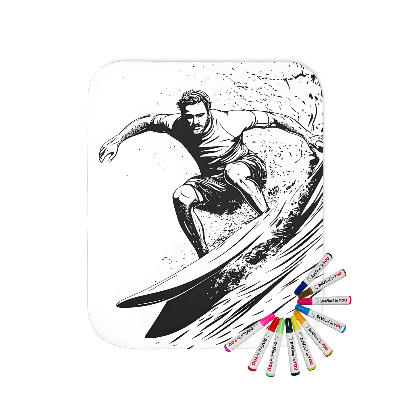 Colorful blanket with an inspiring black-and-white illustration of a surfer riding a wave