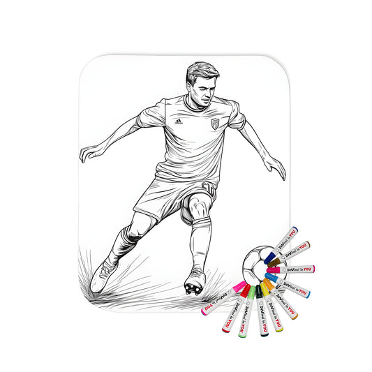 Coloring kit blanket with soccer player design, featuring black and white illustration of soccer action