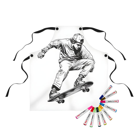 Apron with skateboarding design, featuring a detailed black and white drawing of a skateboarder performing a jump trick in mid-air.