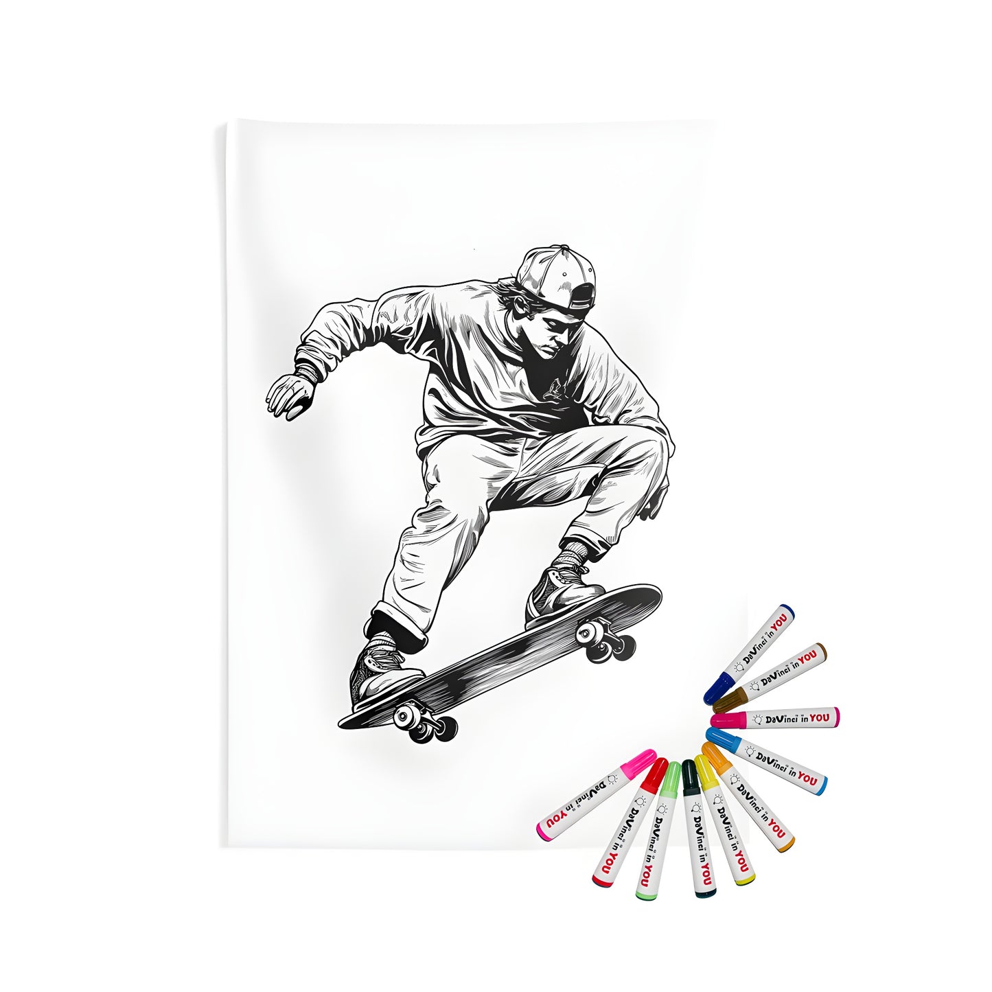 Detailed depiction of a skateboarder mid-jump on an indoor wall tapestry with coloring pages and fabric markers for customization