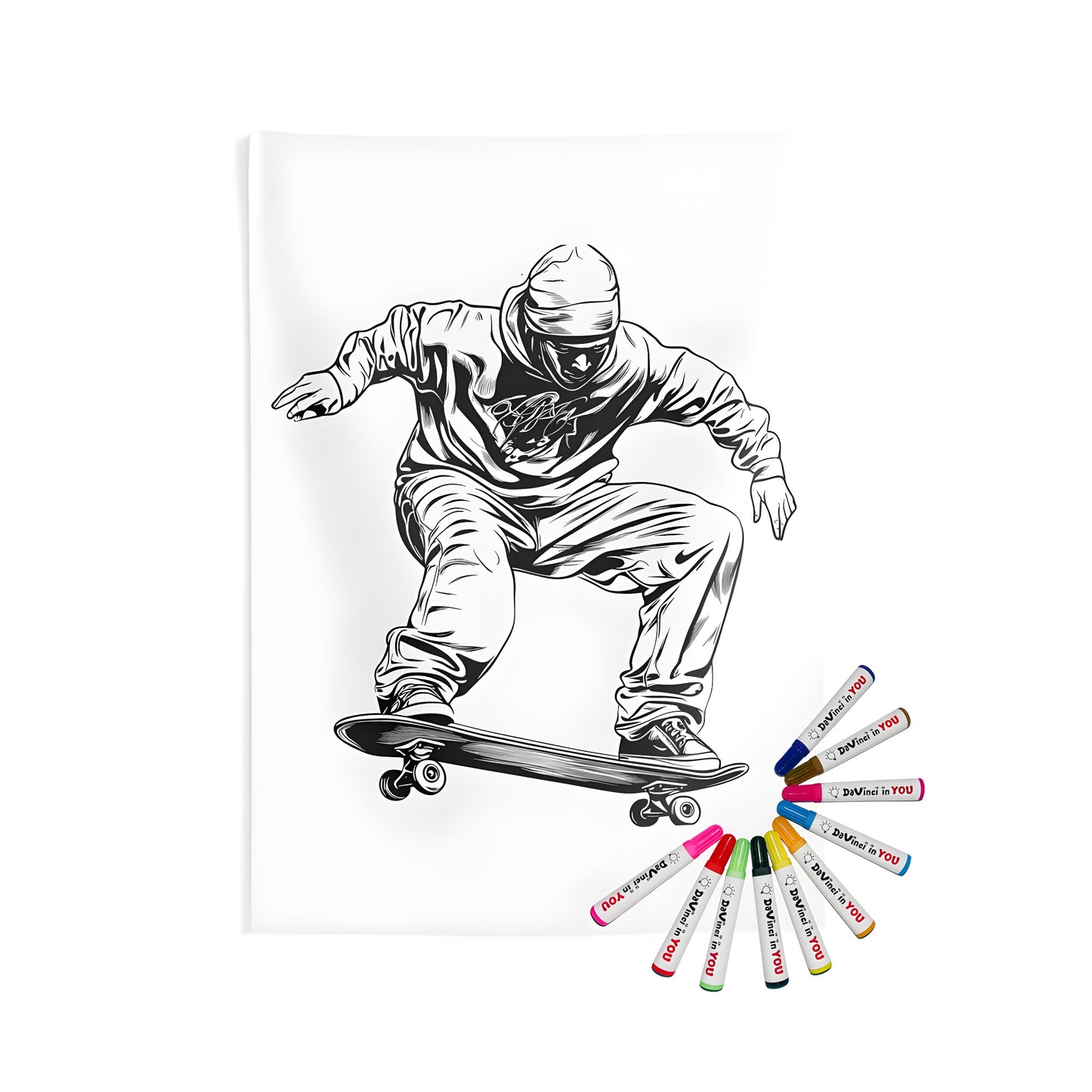 A black-and-white drawing of a skateboarder in action performing a trick while wearing a hoodie and beanie printed on an Indoor Wall Tapestry