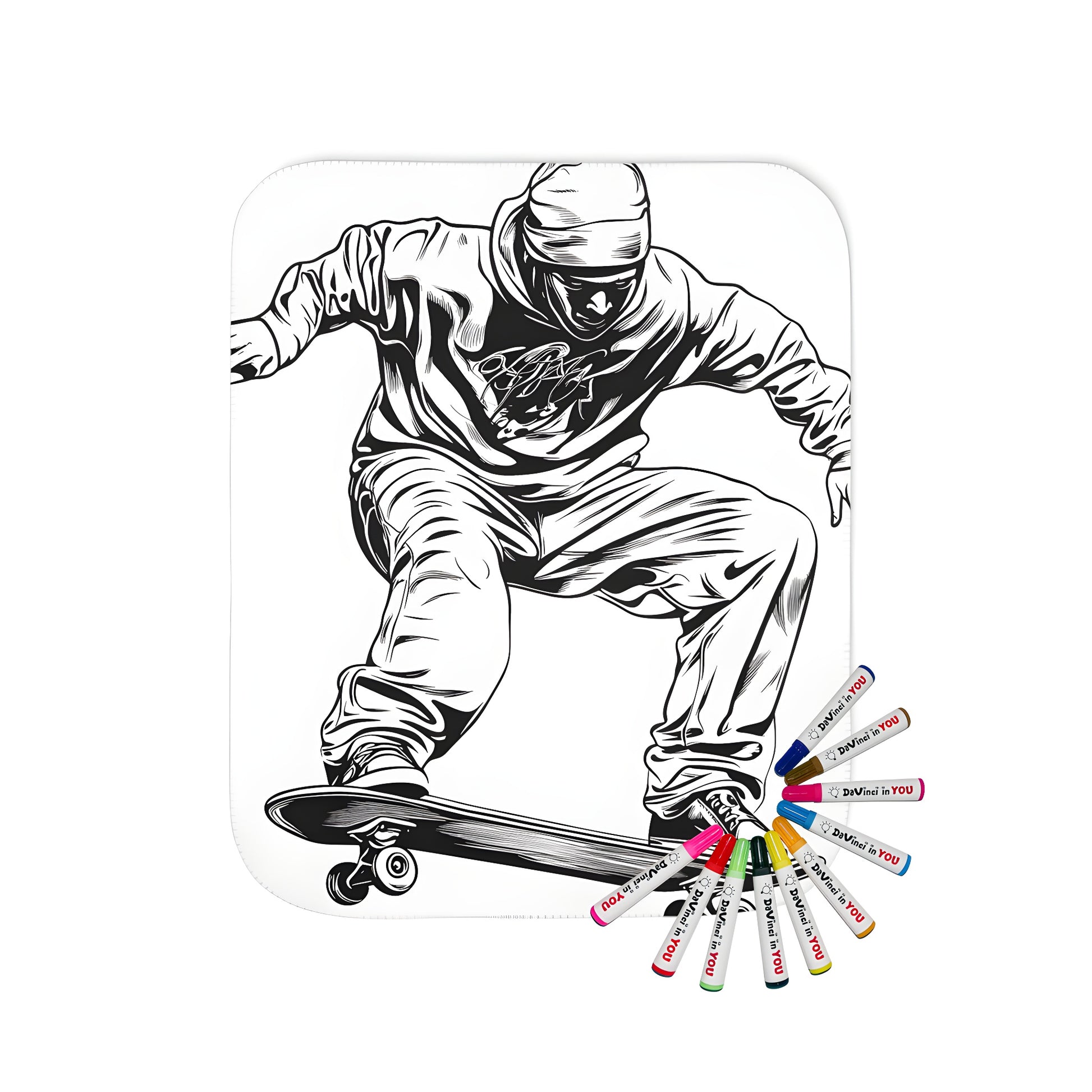 Blanket with skateboard-themed artwork, featuring a stylized black-and-white drawing of a skateboarder performing tricks while wearing a hoodie and beanie