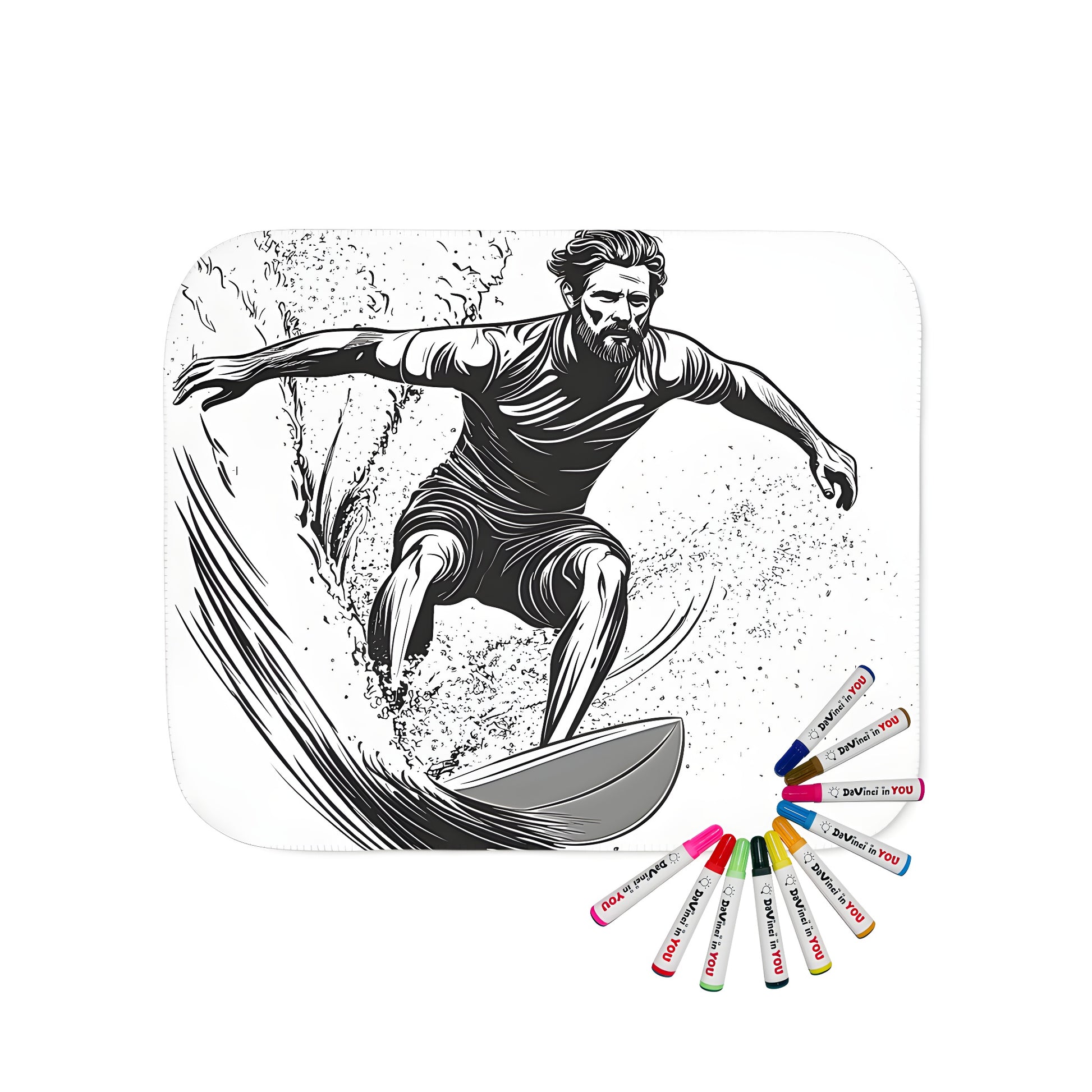 A vibrant blanket featuring an action-packed black and white line drawing of a surfer riding a wave, evoking movement and energy.