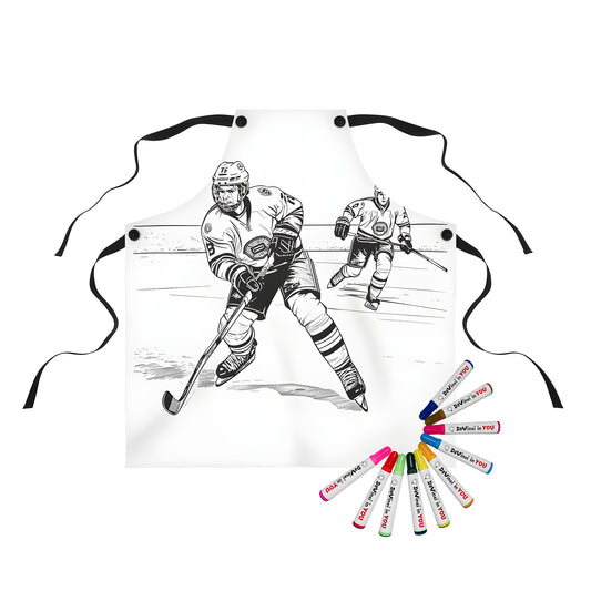 Apron featuring an ice hockey theme, two players in action on the rink, fun and colorful