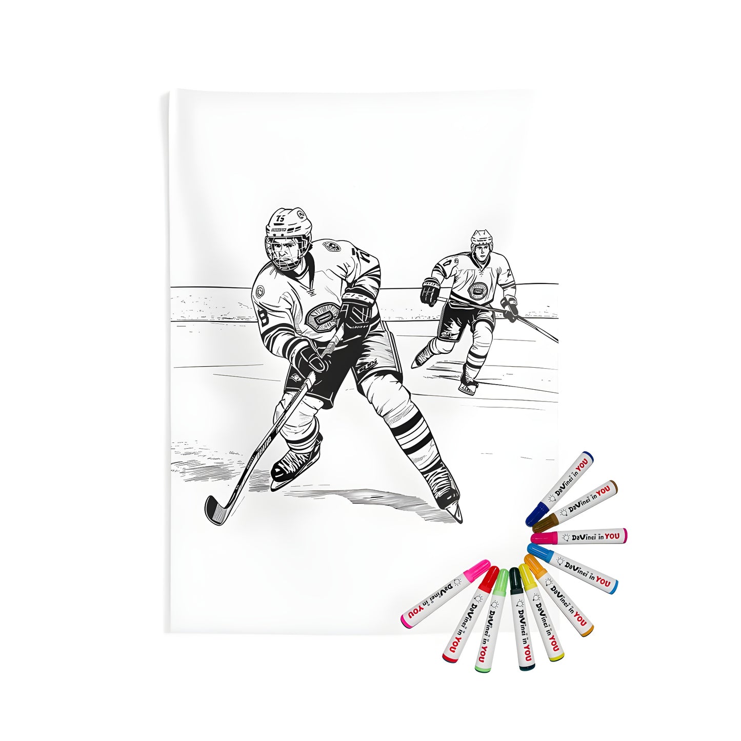 Decorative wall tapestry with hockey-themed artwork, featuring two ice skaters in action on an indoor rink