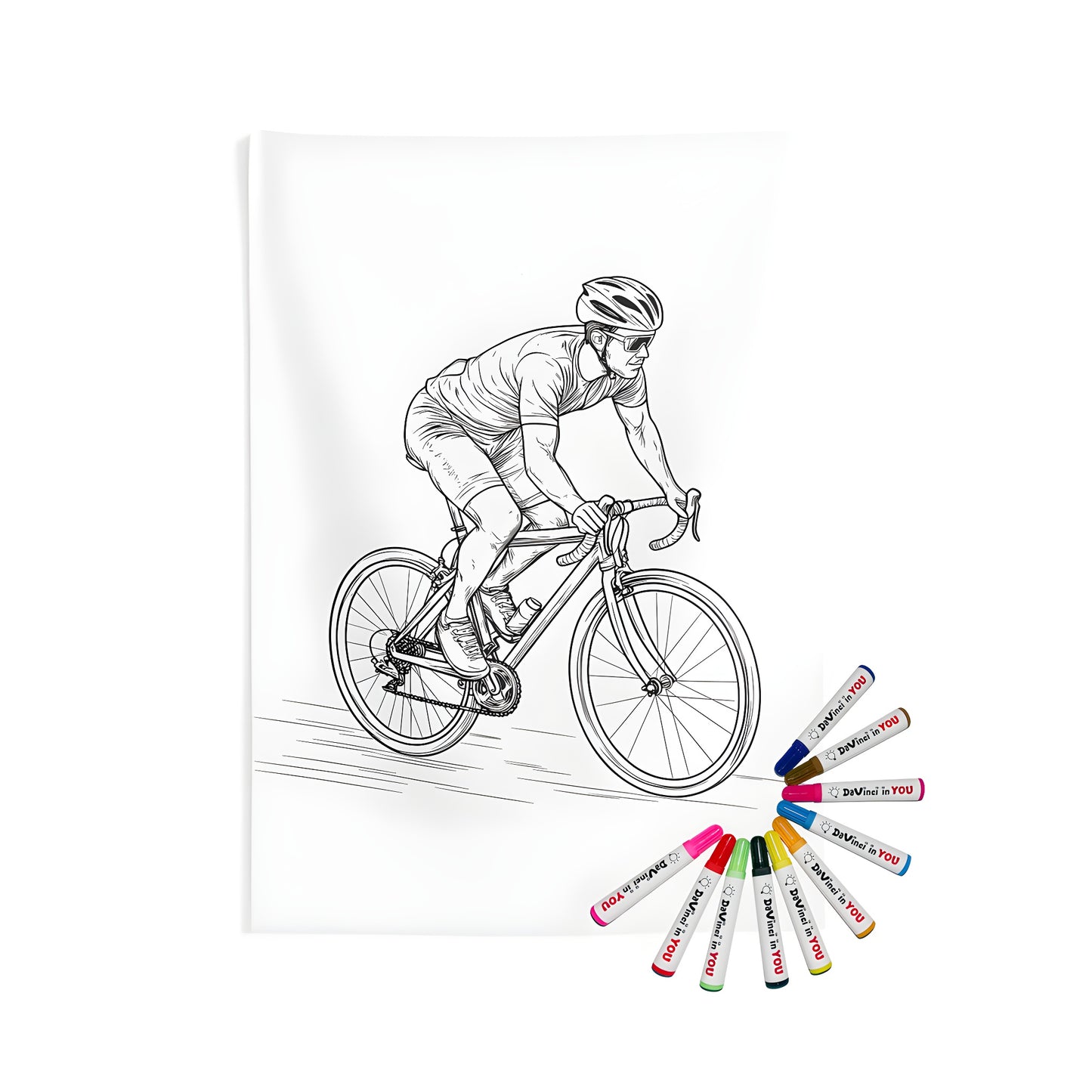 Indoor wall tapestries with cycling design, featuring an outline drawing of a road bike rider