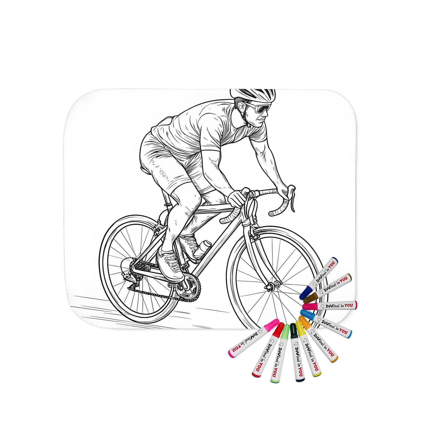 Blanket with a vibrant cycling design, featuring an outline drawing of a cyclist riding a road bike, highlighting detailed features like helmet and posture