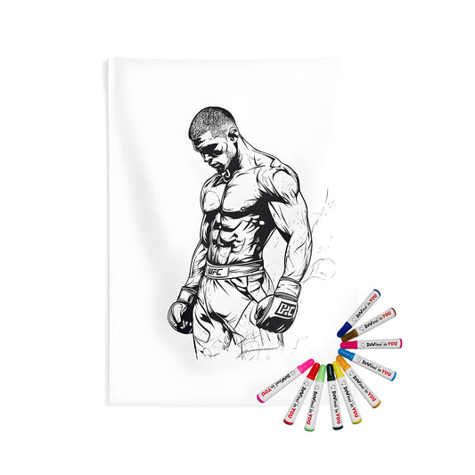 Indoor wall tapestry featuring a monochrome illustration of a muscled boxer, strength, and determination. Includes 10 fabric markers for a personalized touch.