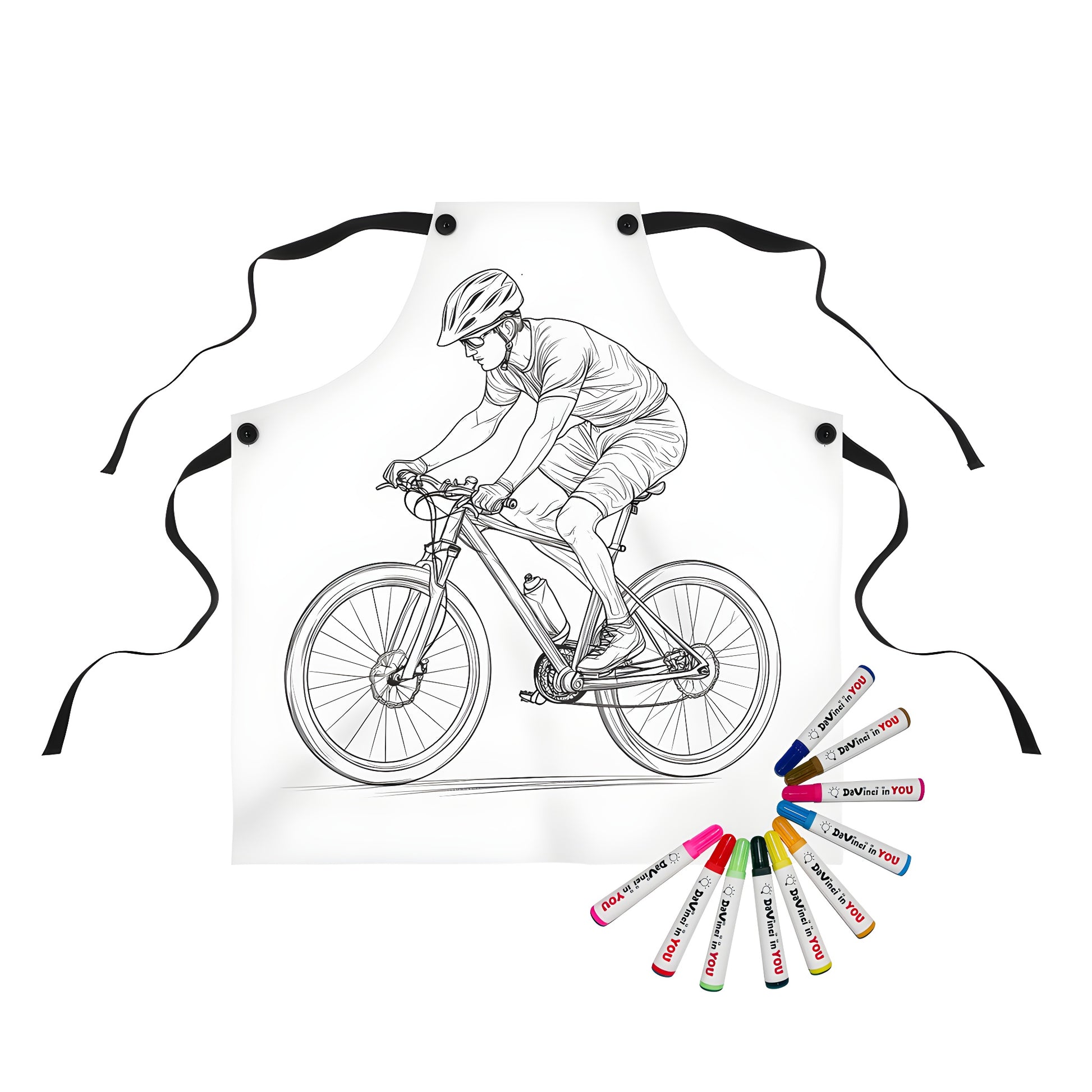 Colorful apron designed like a mountain biking enthusiast's dream with detailed line drawings of cyclists and bicycles. Perfect for outdoor enthusiasts and fans of adventure sports.