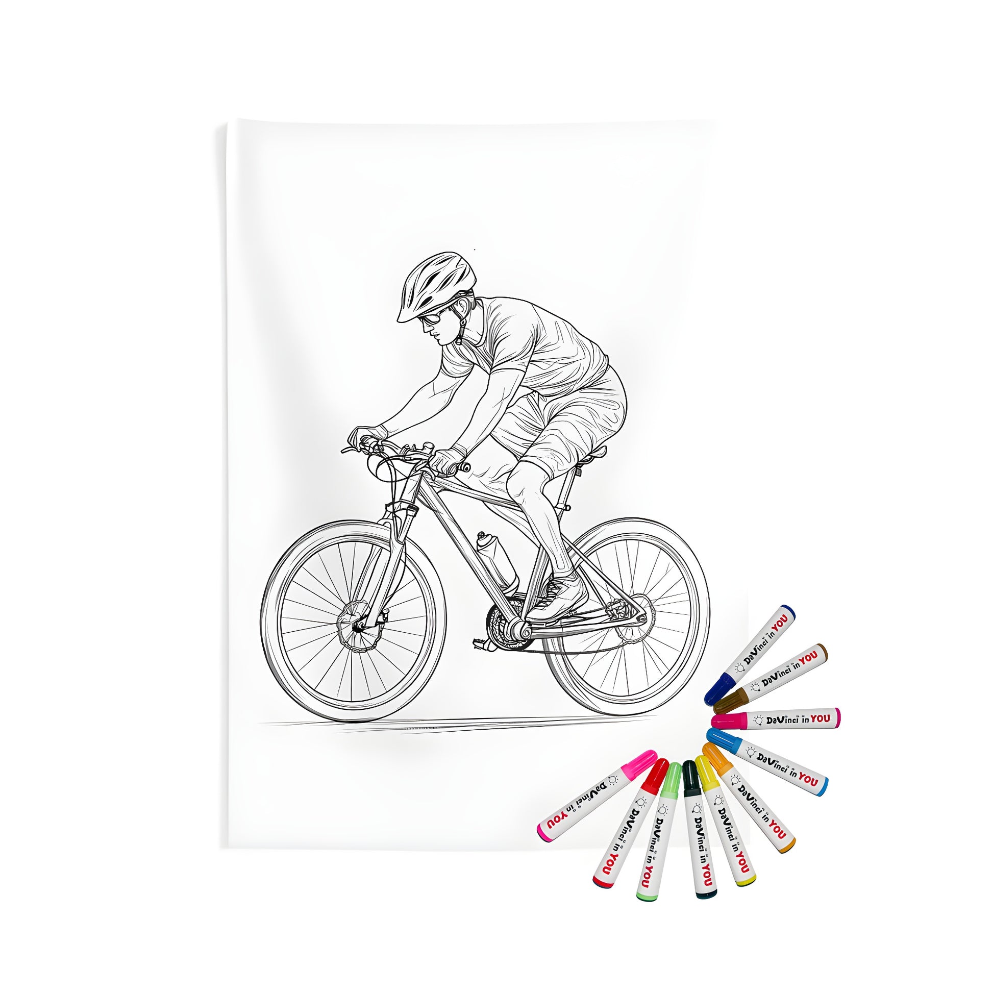 Wall tapestry featuring a detailed line drawing of a person riding a bike, wearing a helmet and cycling gear, perfect for mountain biking enthusiasts